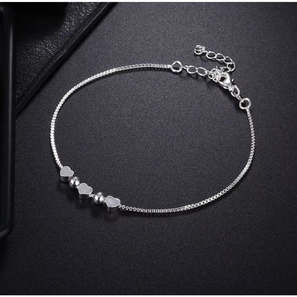 925 Stamped Silver 3-Heart & Bead Box Chain Bracelet 20CM for Women